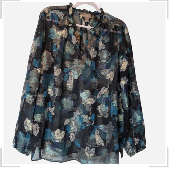Chico's Tops - Pre-owned Chico's Black and Blue Leaf Print Blouse
